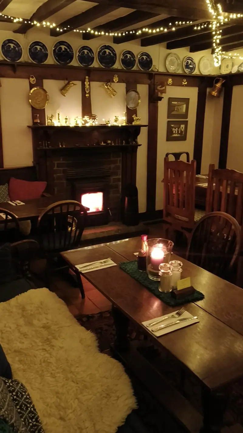 Cozy pub interior with fireplace and dining tables.
